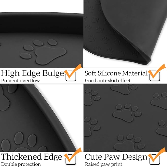 KPWACD Pet Feeding Mat for Dogs and Cats, Silicone Dog Placemat Non-Slip Waterproof Bowl Mats Prevent Food and Water Overflow, High-Lips Puppy Dish Tray Mat Suitable for Large Medium Small Pets, Black