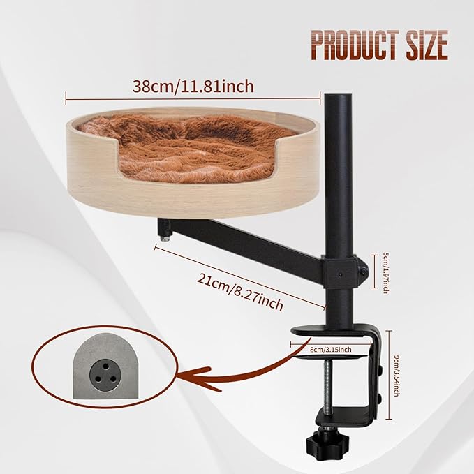 Cat Bed Desk with Pet Mat, Cat Hammock for Desk, ZBUQ Cat Bed Desk with Wooden Bowl, 360° Rotation and Adjustable Height, Light Brown