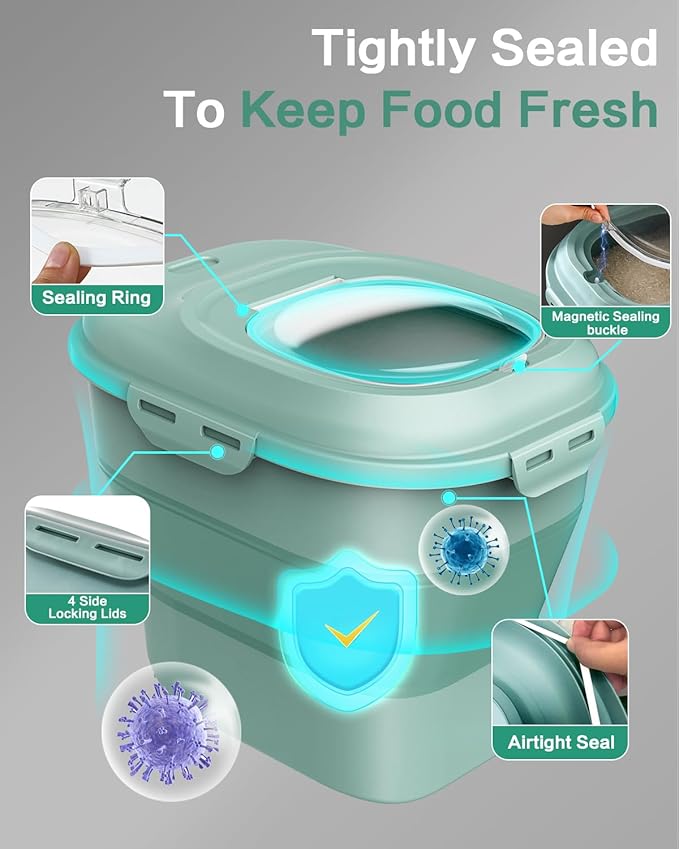 ANVS Dog Food Storage Container-Up to 30Lbs Collapsible Dog Food Container with Airtight Lids, Scoop and 2.5L Small Pet Food Storage Container Dry Food For Dog, Cat and Other Pet Food (Green)