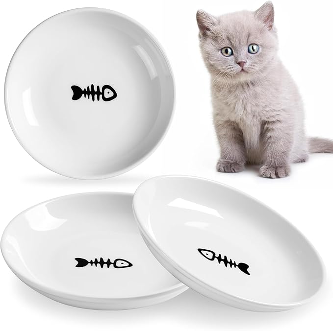 5.9 inch Ceramic Cat Bowls,Wide Shallow Dishes,Whisker-Friendly Plates,Food and Water Bowl for Indoor Cats,-10 oz,3 Pack