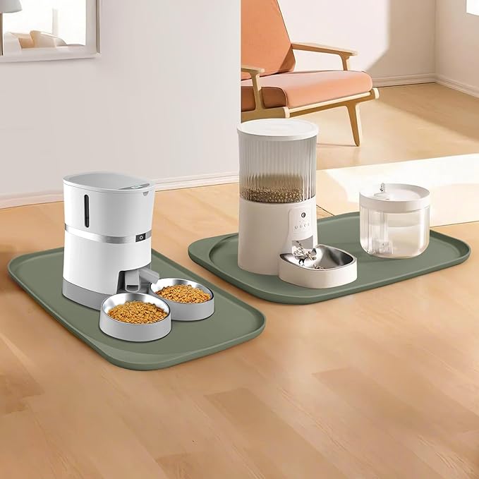 Silicone Pet Feeding Mat with Raised Edge & Residue Collection Pocket for Food and Water, Dog Bowl Mats, Cat Bowls Placemat with High Lip for Floor Waterproof, 24 x 16 x 0.8 Light Olive Green