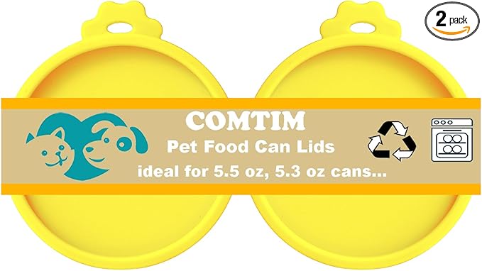Comtim Cat Food Can Covers Lids for 5.5 oz Cans, 2 Pack Silicone Cat Food Can Lids for 5.5 oz 5.3 oz Cans...Pet Food Can Covers Reusable Can Toppers Savers for Wet Food (Yellow)