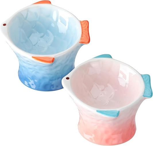 Tioncy 2 Pcs Raised Tilted Ceramic Cat Food Bowl Fish Shape Cute Elevated Slanted Shallow Angled Cat Dish Non Slip Feeder Bowl for Anti-Vomiting and Whisker Fatigue(Blue, Pink)