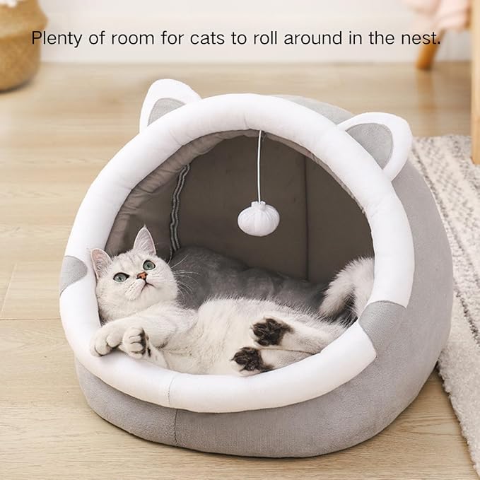 Cat Bed Cave with Removable Cushion, Indoor Pets Plush House Bed with Pompom for Small Dogs Cats Kitten Puppy Rabbits (Green,L)