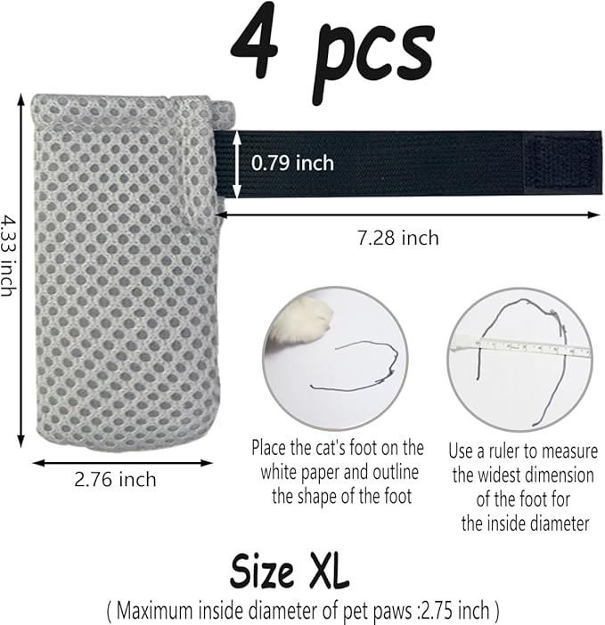 4 PCS Cat Mittens to Prevent Scratching,Mesh Breathable Cat Shoes,Adjustable Cats Anti Scratch Gloves,Suitable for Cats When Bathing and Nail Trimming(XL,Grey)