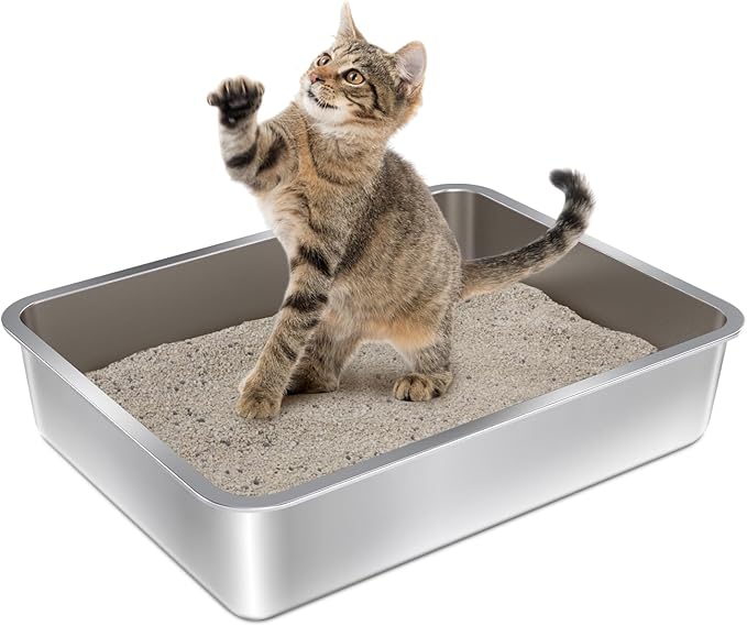 Stainless Steel Litter Box - 17.7" L x 13.77" W x 4" H Metal Cat Litter Box, Non Stick, No Smell, Easy Entry,Easy to Clean,Metal Litterbox for Kitten,Elderly Cats,Bunny