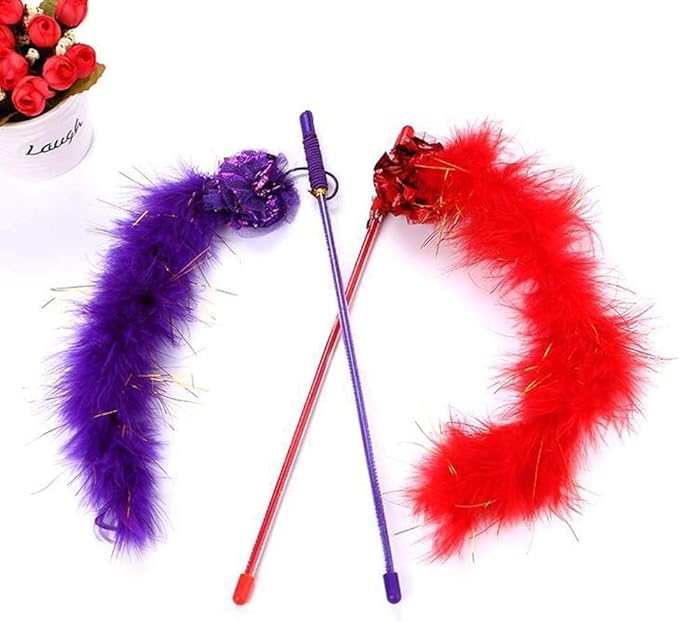 Purple Cat Teasing Stick Toy - Interactive Stick with Sparkly Feather Boa & Crinkle Ball for Indoor Cat Training & Fun