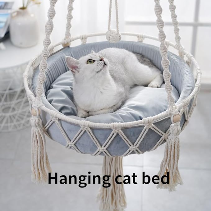 Cat Hammock, Handwoven Hanging Boho Cat Bed with Hanging Kit for Indoor Outdoor Home Decor Hang Cat Swing Beds with Cushion