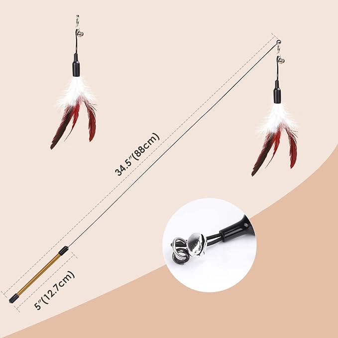 Pawaboo Feather Teaser Cat Toy - Interactive Wand with Extra Long 34.5" Wand and Small Bell, Exerciser Playing Toy for Kittens or Cats, Wine Red & White Feather