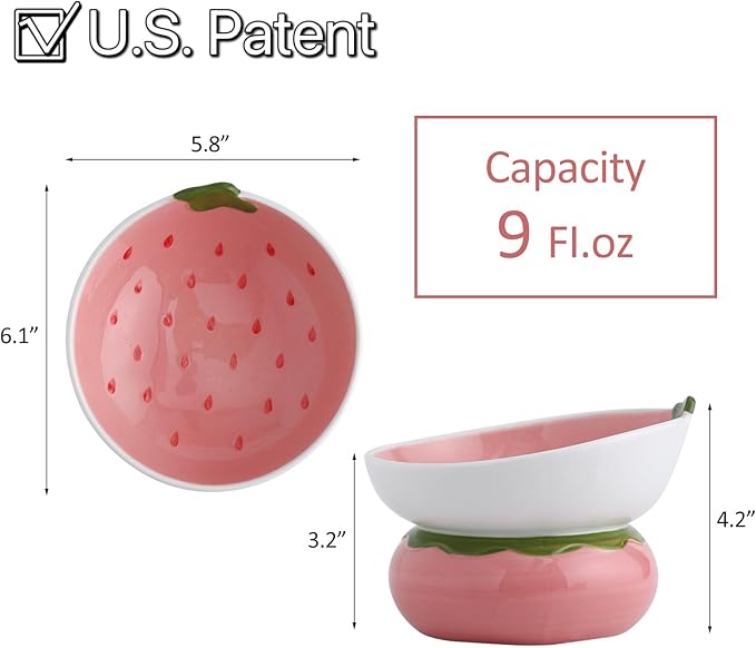 Ceramic Raised Cat Bowl - Pink Elevated Food Bowl for Indoor Cats, Anti-Vomiting & Spine Protection, Cute Tilted Dish for Flat-Faced Cats and Kittens (Strawberry Shaped)