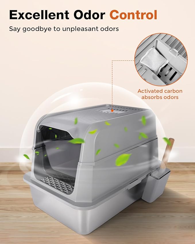 Stainless Steel Litter Box with Lid - Extra Large Cat Litter Boxes for Big Cats with Mat & Scoop - Anti-Leakage, Odor-Proof, High-Sided, Non-Stick＆ Easy to Clean - Ideal for Multi-Cat Homes - Gray