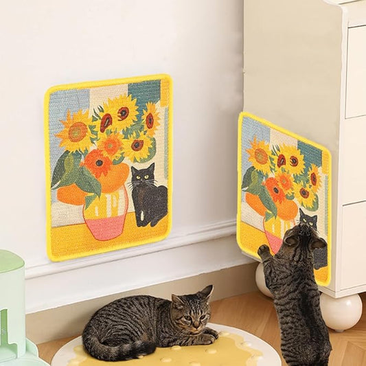 Sisal Cat Scratching Mat – Anti Scratch Furniture Protector for Walls, Couches, Cabinets, Doors & Carpet, 15x11.8 Inch, Shedding-Resistant Cat Scratcher with Hook and Loop Fastener (Sunflowers)