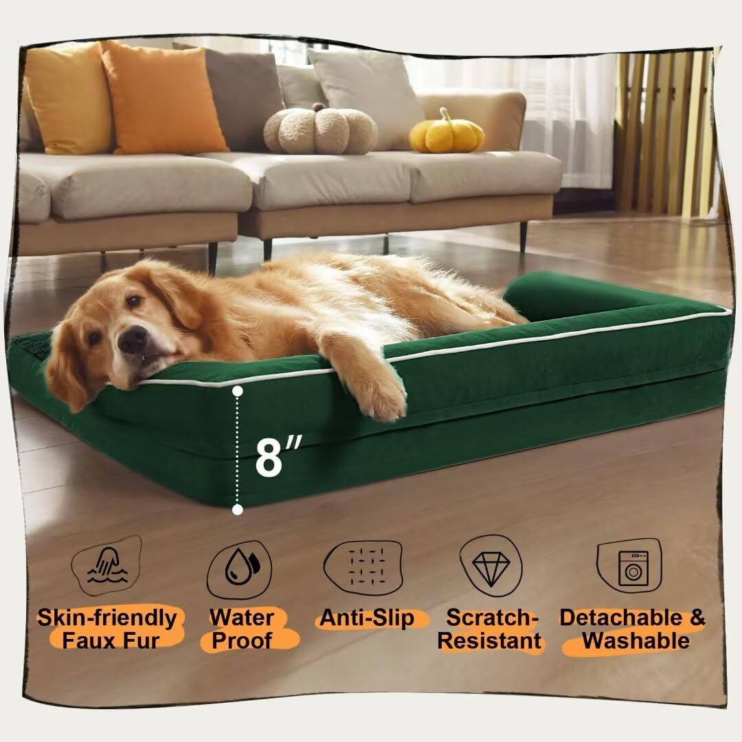 Large Dog Bed Orthopedic Washable Extra XXXLarge Big Dog Bed with Washable Bolster & Memory Foam Couch Sofa - Waterproof with Removable Cover - Emerald
