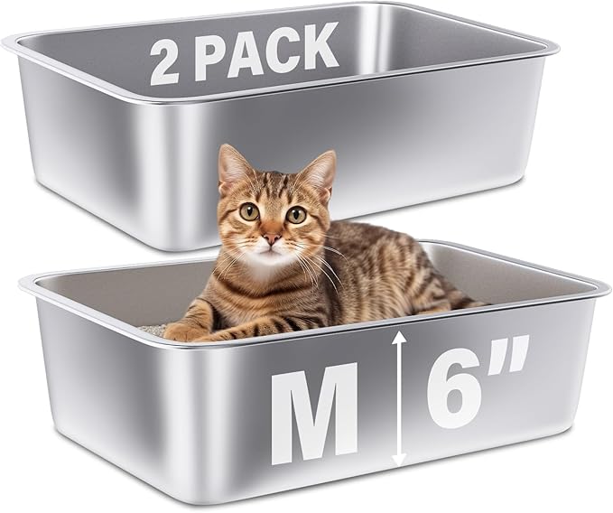 Stainless Steel Litter Box 2 Pack,Medium Metal Litter Box for Kitty/Cat/Rabbits, Easy to Clean, Non Stick Litterbox No Smell for Adult Cats