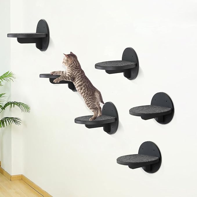 Y&ME 6-Pack Cat Climbing Shelves with Scratching Pad and Wall Mount for Cats to Sleep, Climb and Play (Black)