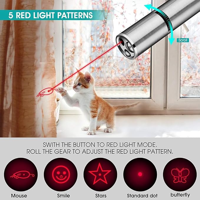 Cat Toys Laser Pointer for Indoor Cat Mouse Toys Pet Interactive Toy Pointer Kitten Dog Chase Play LED Flashlight 7 Adjustable Patterns Red Light Remotes Teaching Tool Rechargeable
