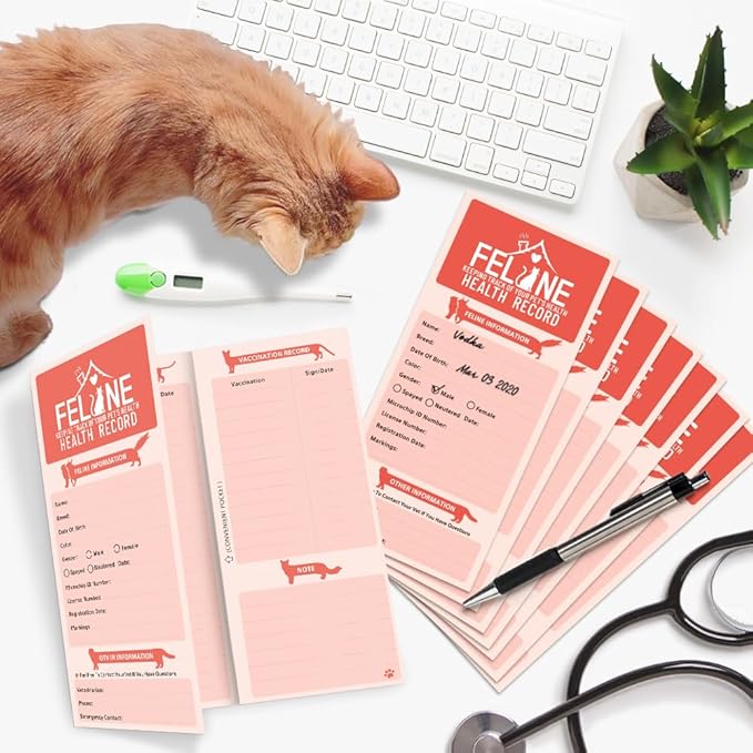 ANZON MORIES 24 Packs Cat Health Record Cards Vaccination Book with Storage Pocket, Large 8 x 10.5 in Feline Vaccine Shot and Kitten Immunization Memo Booklet for Kitty Pet Nursing Supplies