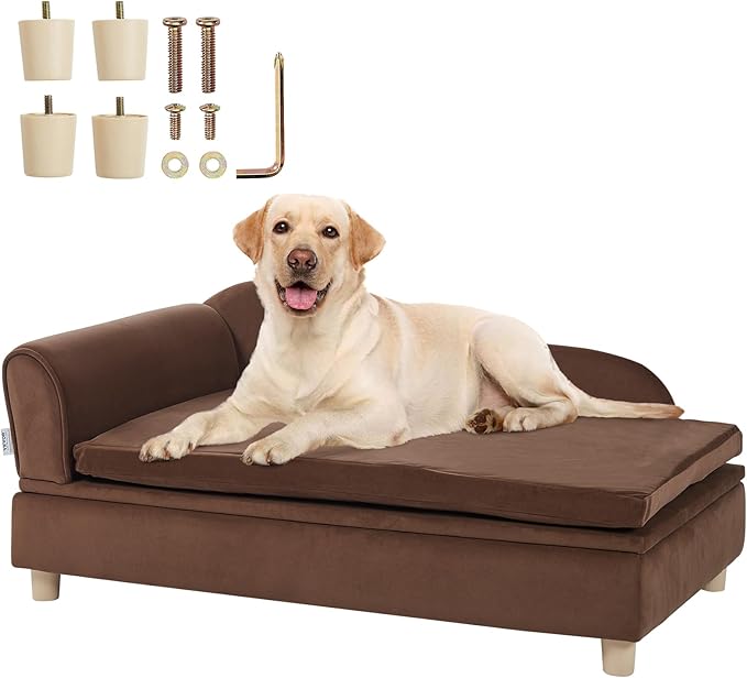 VEVOR Large Dog Couch Sofa Bed for Small Dogs and Cats, Soft Velvety Pet Sofa Bed, 60 lbs Loading Cat Sofa, Dark Brown