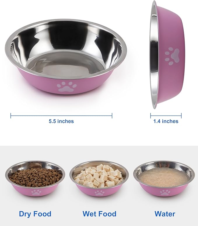 6 PCS Stainless Steel Cat Bowls, Non-Slip Stainless Cats Food Bowl Metal Cat Dishes Whisker Fatigue Kitten Plates Shallow Wide Kitten Bowls, 5.5” Whisker Friendly Food Dish