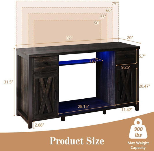 75 Gallon Fish Tank Stand with LED Light & Power Outlets, 55-75 Gallon Heavy Duty Metal Aquarium Stand with Drawers & Barn Doors, Cabinet for 2 Fish Tank Accessories Storage, Dark Oak