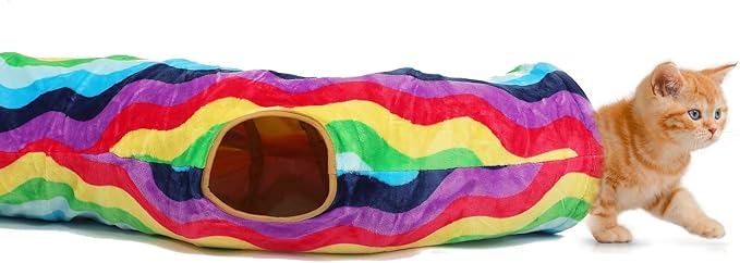 LUCKITTY Cat Tunnel - S-Shaped, Rainbow Wave Color, Soft Velvet Exterior, Oxford Fabric Fog-Proof Interior, Plush Toy Ball, Easily Washable, Conveniently Foldable, 47.2in/120cm