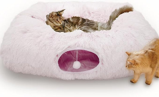 XxingSheep Extra Large Cat Tunnel Bed for Indoor Cats Peekaboo Cat Cave Donut with Center Mat,Pinkish White