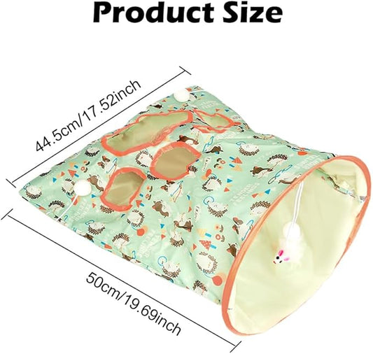 SYCOOVEN Cat Tunnel Bag for Indoor Cats, Pet Collapsible Tunnel Crinkle Sack Bag with 1 Little Mouse & Toy Ball, Crinkle Paper Interactive Cat Toys Hide and Seek(Green Pattern)