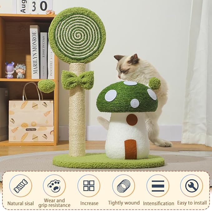 Mushroom Lollipop Cat Scratcher Furniture Mushroom Cat Tree Condo Cat Climbing Frame Sisal Rope Cat Tower for Indoor Cats (Green)