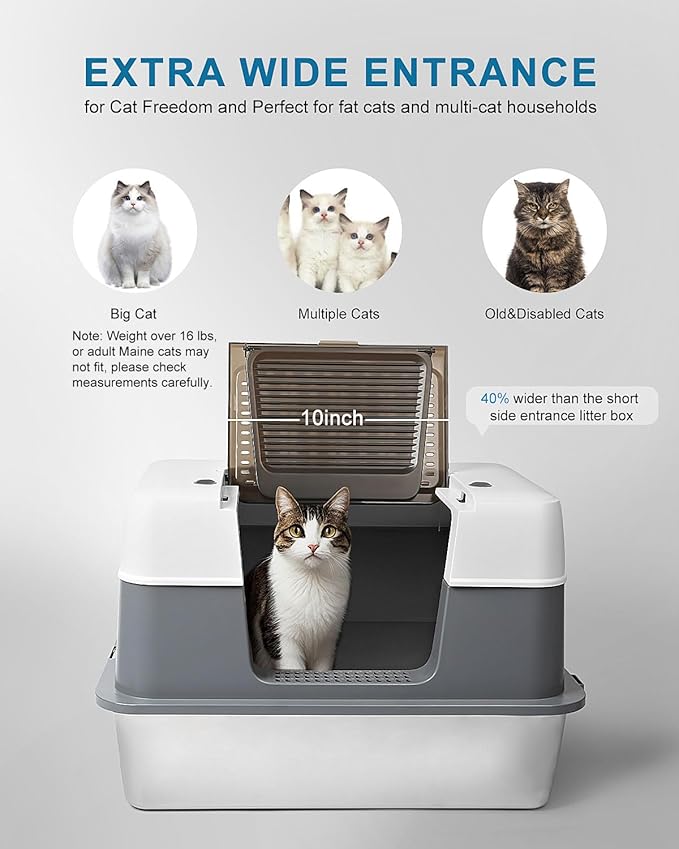 Stainless Steel Cat Litter Box Enclosed with Lid，Covered Metal Kitty Litter Box with Litter Mat and Odor Reduction Pack(2kg), Metal Scoop，Switchable Design, Easy Clean，Odor-Control, Leak-Proof