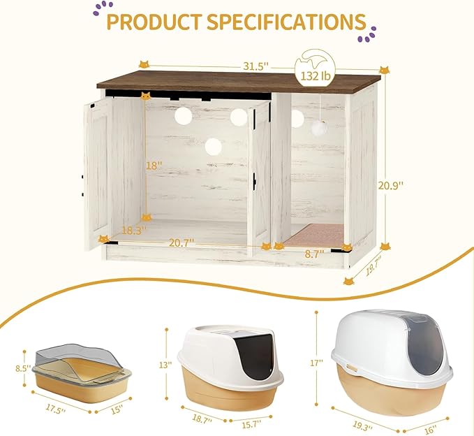 Cat Litter Box Enclosure, Hidden Litter Box Cabinet Furniture with Bell, Indoor Cat House, Farmhouse Style, 31.5 x 19.7 x 20.9Inches, for Hallway, Bedroom, Rustic Brown and White CB82414X