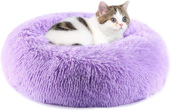 Purrfect Cat Beds - Washable 20/24 inches, Anti-Anxiety Round Plush Faux Fur, Thick Bottom (Purple, Medium) - Suitable for Indoor Cats & Small/Medium Dogs