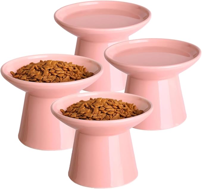 6.2 Inch Extra Wide Elevated Ceramic Cat Bowls, Food and Water Bowl Set for Elder Big Cats Small Dogs, Raised Design for Pet Easy Eating, Protect Cat's Spine Set of 4(Pink)
