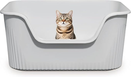 Large Litter Box with High Sides 21.5 * 16.1 * 10.4 inches Big Litter Boxes for Large Cats Easy Clean Open Cat Litter Box, Anti-Splashing&Leak-Proof, Grey