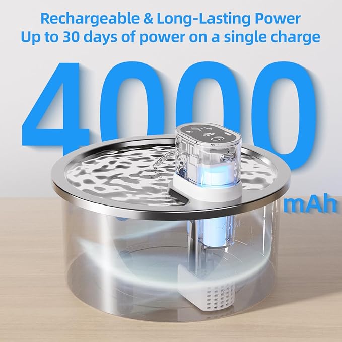 Stainless Steel Wireless Cat Water Fountain 3.2L/108oz Automatic Cat Water Dispenser 4000mAh Battery Operated Large Capacity Pet Water Fountains for Cats Dogs