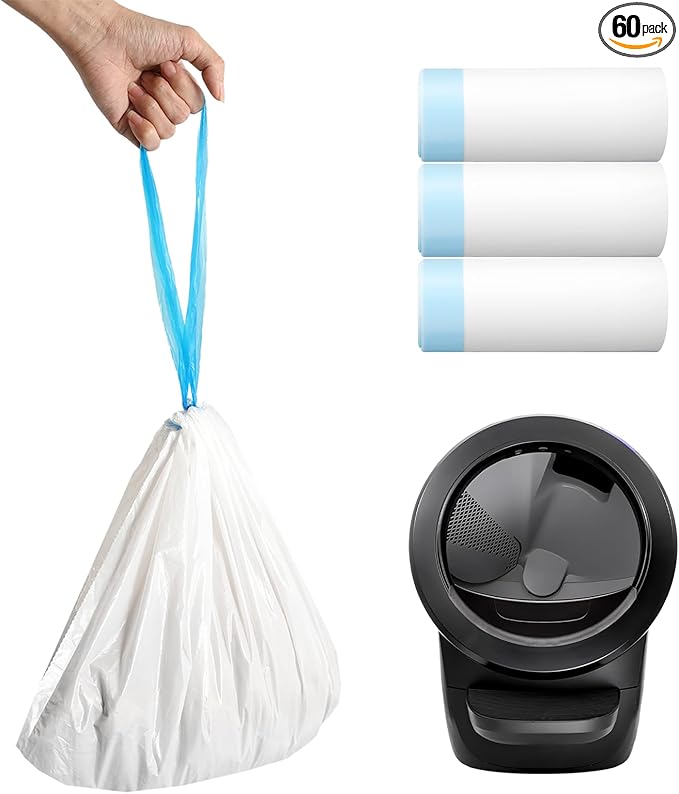 60pcs Cat Litter Bags for Litter Robot 4, Automatic Self Cleaning Cats Litter Box Waste Bags for Self-Cleaning Cat Box Multiple Cats Liners with Drawstring Pet Self Cleaning Waste Boxes Bags Liners