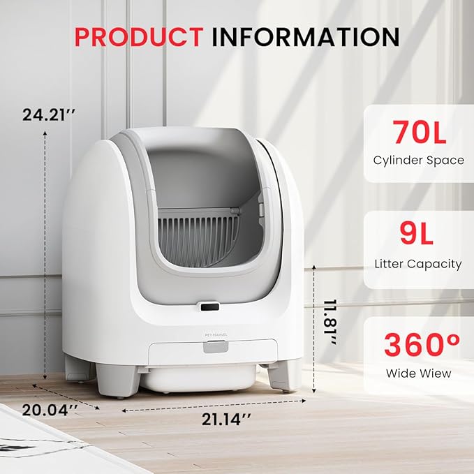 Large 70L Open-Top Self-Cleaning Litter Box for Cats, PET MARVEL Automatic w/App Control & Safety Protection, Multi-Cat Home Use, Easy Disassembly & Waste Bags (Model C1)