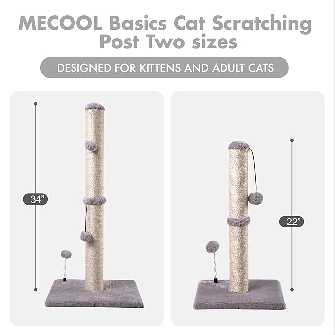 MECOOL Cat Scratching Post Premium Basics Kitten Scratcher Sisal Scratch Posts with Hanging Ball 22" for Kittens or Smaller Cats (22 inches for Kitten, Gray)