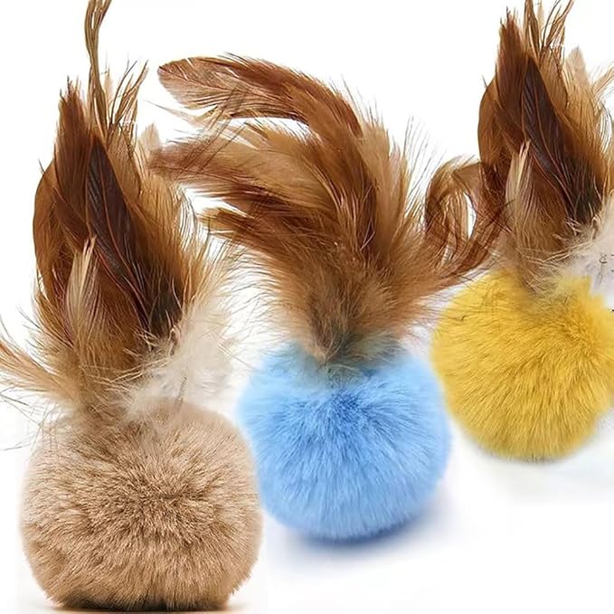 Cat Toys - Rainbow Wand, Feather Flips Plush Ball, Interactive Feather Teaser for Kitten Exercise - 3 Pack