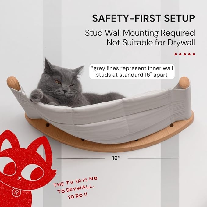 7 Ruby Road Cat Hammock Wall Mounted for Large and Indoor Cats or Kitty, Cute Bed Perch Shelf for Sleeping, Climbing and Lounging, Modern Shelves and Perches, Wooden Mount Cat Wall Furniture & Beds