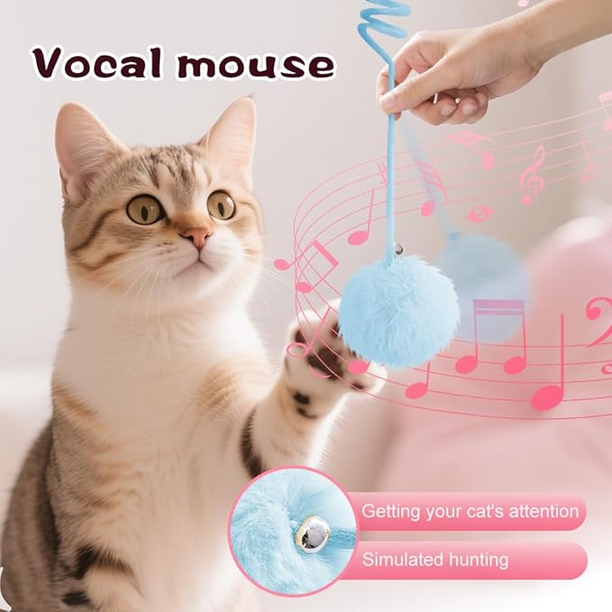 Hanging Fluffy Cat Catnip Ball Toys,2025 New Interactive Cat Toy for Indoor,Kitten Play Chase Exercise Toys,Long Tail Stretchable Soft Plush Teaser Ball with Bell (Blue)