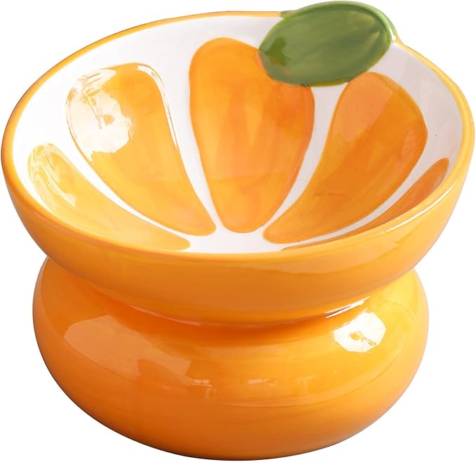 Ceramic Raised/Elevated Cat Food Bowl for Indoor Cats, Anti Vomiting & Protect Pet's Spine, Cute Fruit Themed Tilted Cat Dish for Flat Faced Cats and Kitten (Orange Shaped)