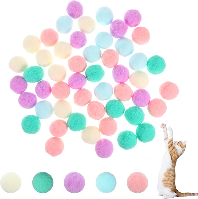 50 Pcs Cat Toy Balls 1.2-inch Colorful Cat Pom Pom Balls Soft Interactive Kitten Ball Cats Exercise Toys Fuzzy Kitten Interactive Playing Quiet Toy for Cats Pet