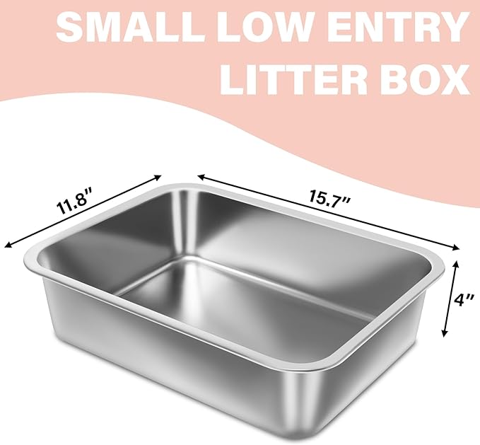 Stainless Steel Litter Box for Kitten 2 Pack,15.7"×11.8"×4" Small Litter Box for Kittens Easy Entry, Non Odor, Easy to Clean, Metal Litterbox for Cat, Rabbit, Ferrets, Guinea Pigs