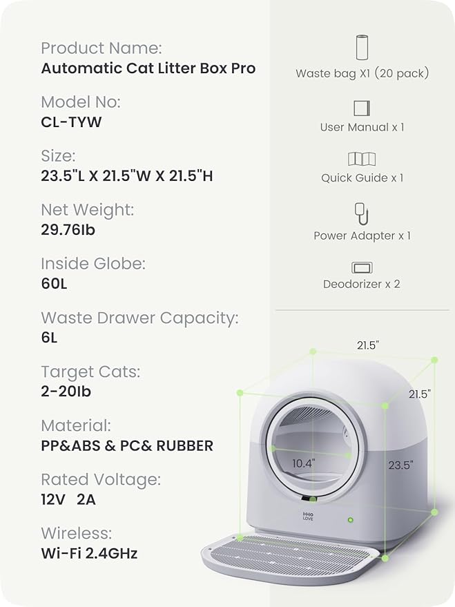 TYPro Self Cleaning Cat Litter Box Automatic Hands-Free Smart Robot self Cleaning Cat Litter Box for Multiple Cats with APP Control Safe with Litter Mat Waste Bags and Deodorizer