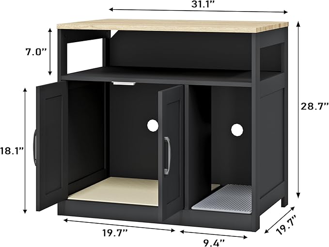Cat Litter Box Enclosure,2-Tier Hidden Litter Box Furniture with Open Storage Shelf,Wooden Cat Washroom Indoor, Freestanding Cabinet for Living Room,Hallway,Black