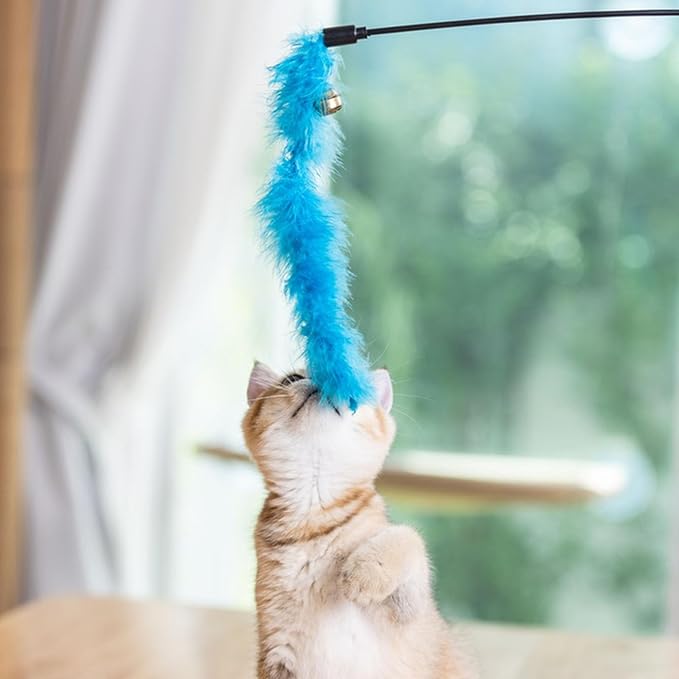Hypeety Interactive Cat Toys Feather Wand Teaser Cat Wand Feather Rod with Bells for Indoor Cat Kitten Fun Interactive Toys 2pcs (Random Color)