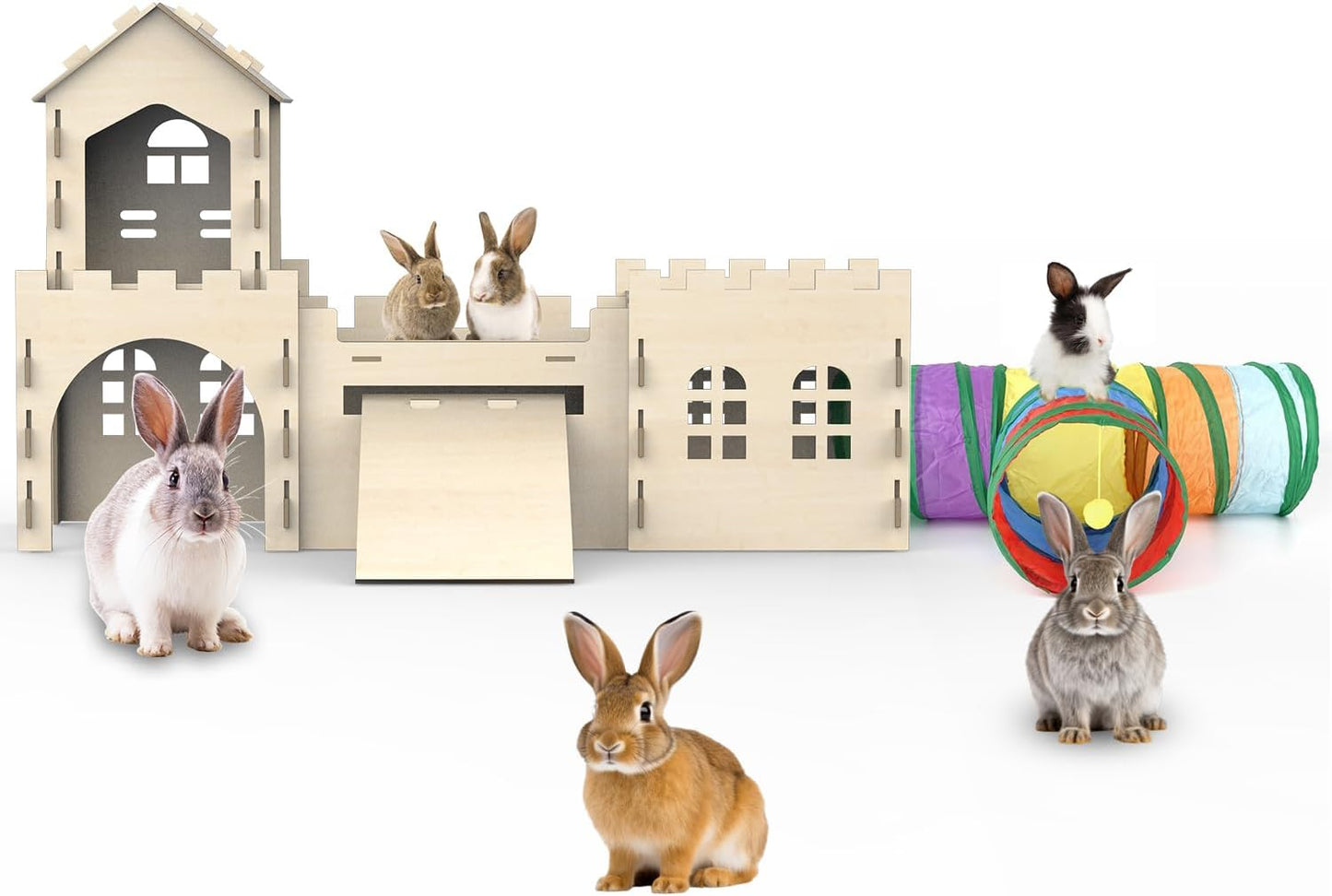 Large Bunny House and Hideouts, Wooden Dual-Layer Rabbit Castle with Stair, Rubber Band-Free Setup - Chew-Proof, Sturdy Habitat for Guinea Pig Chinchilla Ferret (Rabbit House with Tunnels & Tubes)