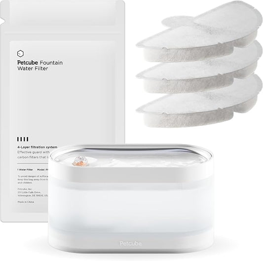 Petcube Bundle of Water Fountain with Stainless Steel Basin+3 Filters Pack | Automatic Wireless Fountain for Cats and Dogs, Easy to Clean, in-App Filter Control, Quiet Pump, Battery Operated