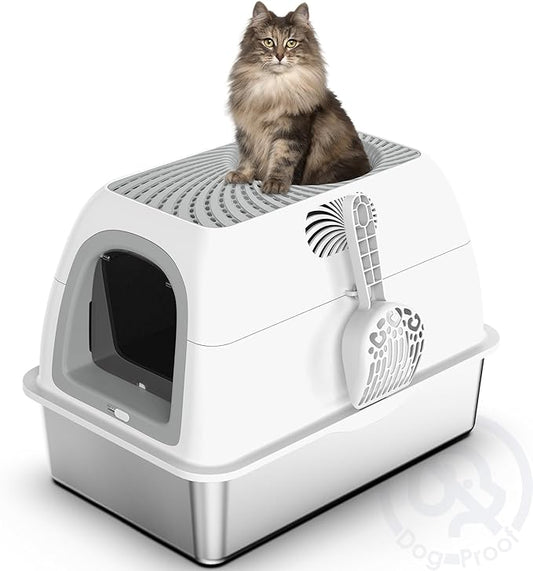 Stainless Steel Top Entry Litter Box with Dog-Proof, Hooded Stainless Steel Litter Box with Filter Lid & Scoop for Low Tracking, Enclosed Cat Litter Boxes for Anti-Leakage Metal Litter Pan