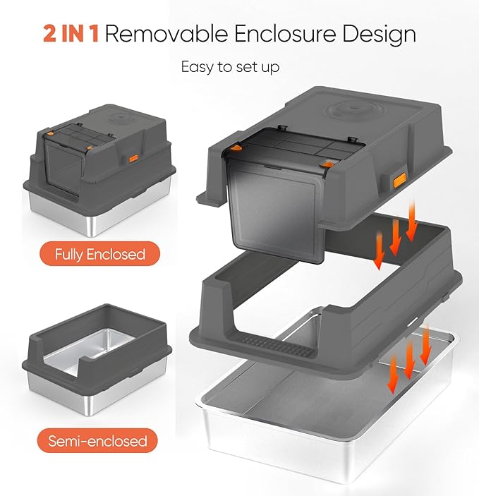 XXXL Stainless Steel Litter Box with Lid,XXXL Enclosed Metal Cat Litter Box for Big Cats,Multiple Cats,with Litter Scoop & Foot Pedal & Litter Mat,Odor Control,Easy Cleaning